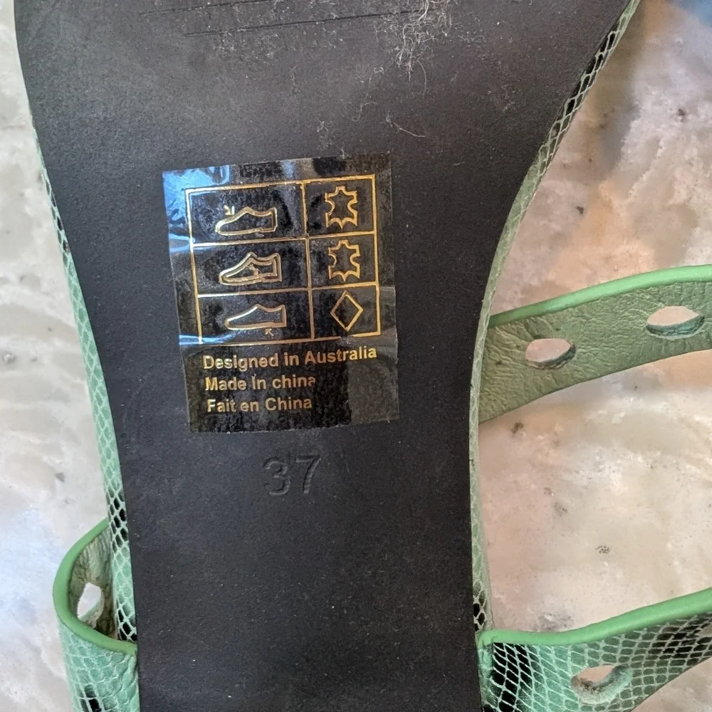 Caverley Slip-On Mule Sandal Green Leather Slide Double Straps Block Heel 37 7